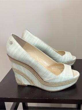 Calvin Klein White & Cream Peep-Toe Espadrille Wedge Heels